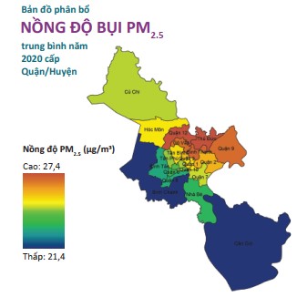 Bản đồ phân bố nồng độ bụi PM25 trung bình tại TP. HCM năm 2020
