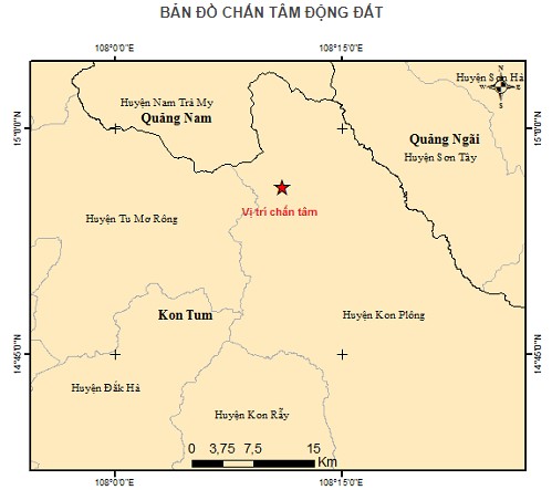 Tâm chấn động đất tại Kon Ploong ngày 15-7-2021