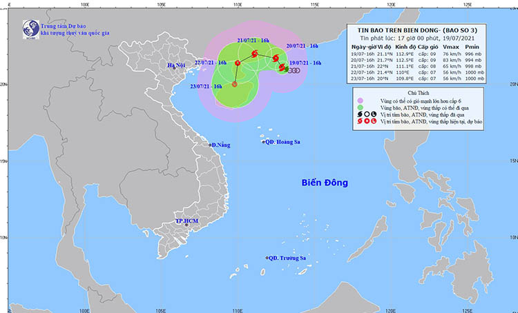 Đường đi của bão số 03 (CEMPAKA) lúc 17 giờ ngày 19/7/2021