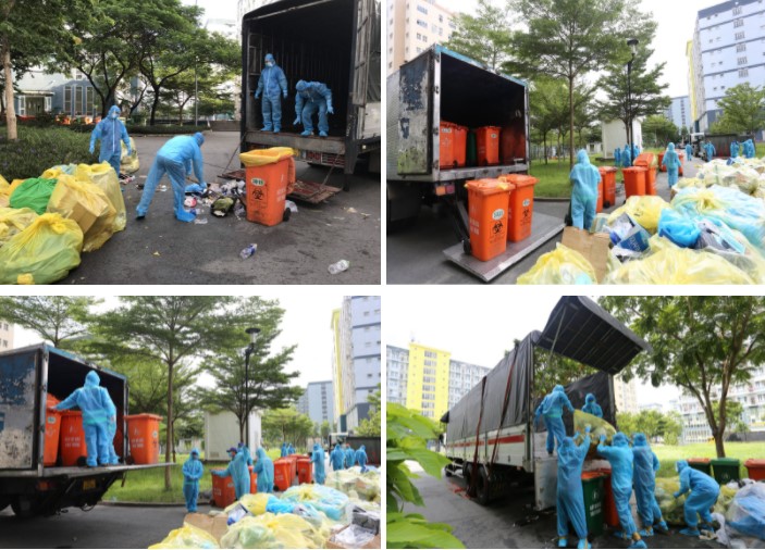 Công nhân Công ty Môi trường đô thị TP. Hồ Chí Minh thu gom, vận chuyển rác tại khu cách ly 