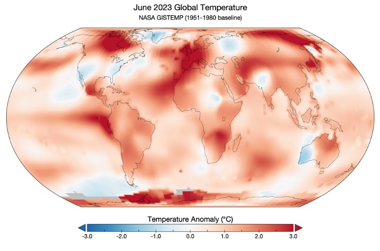 Bản đồ này cho thấy sự bất thường về nhiệt độ toàn cầu vào tháng 6 năm 2023 theo phân tích GISTEMP của các nhà khoa học tại Viện Nghiên cứu Vũ trụ Goddard của NASA. Nguồn: NASA