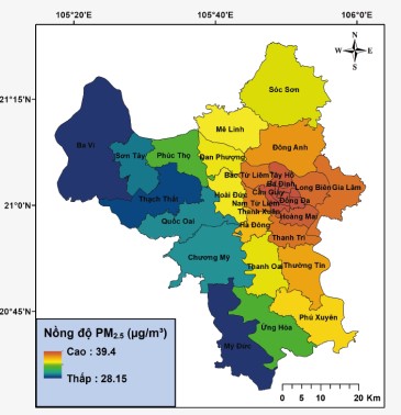 Bản đồ nồng độ bụi PM2,5 trung bình năm theo quận/huyện tại Hà Nội năm 2019