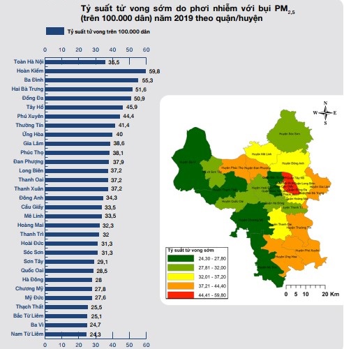 Tỷ suất tử vong sớm do phơi nhiễm với bụi PM2,5 (trên 100.000 dân) năm 2019 theo quận/huyện