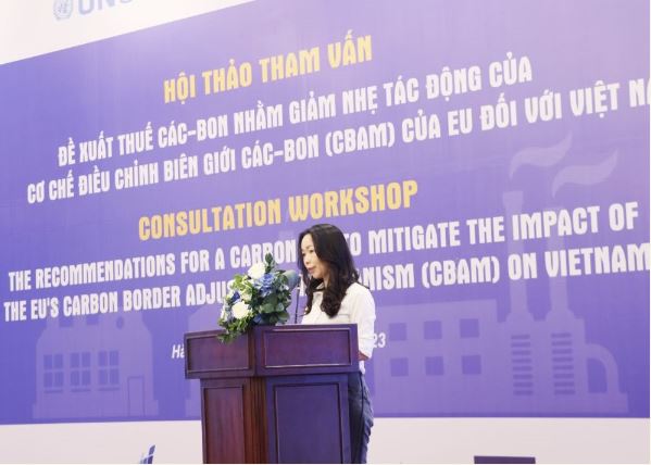 Bà Mai Kim Liên- Phó Cục trưởng Cục Biến đổi khí hậu (Bộ TN&MT) phát biểu tại Hội thảo